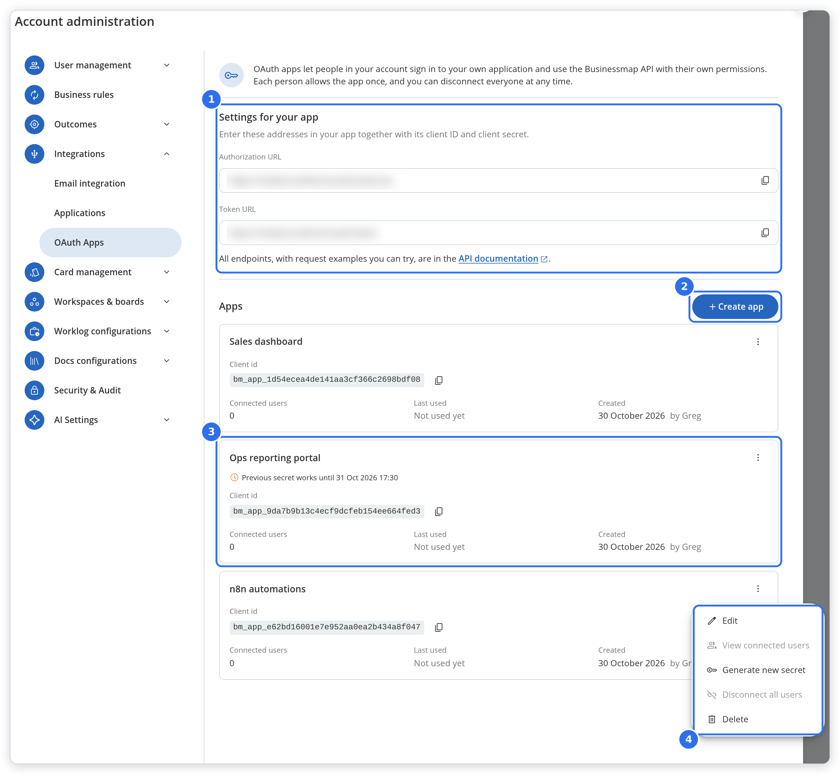 Administration › Integrations › OAuth Apps, where admins register the company's own apps and manage them.