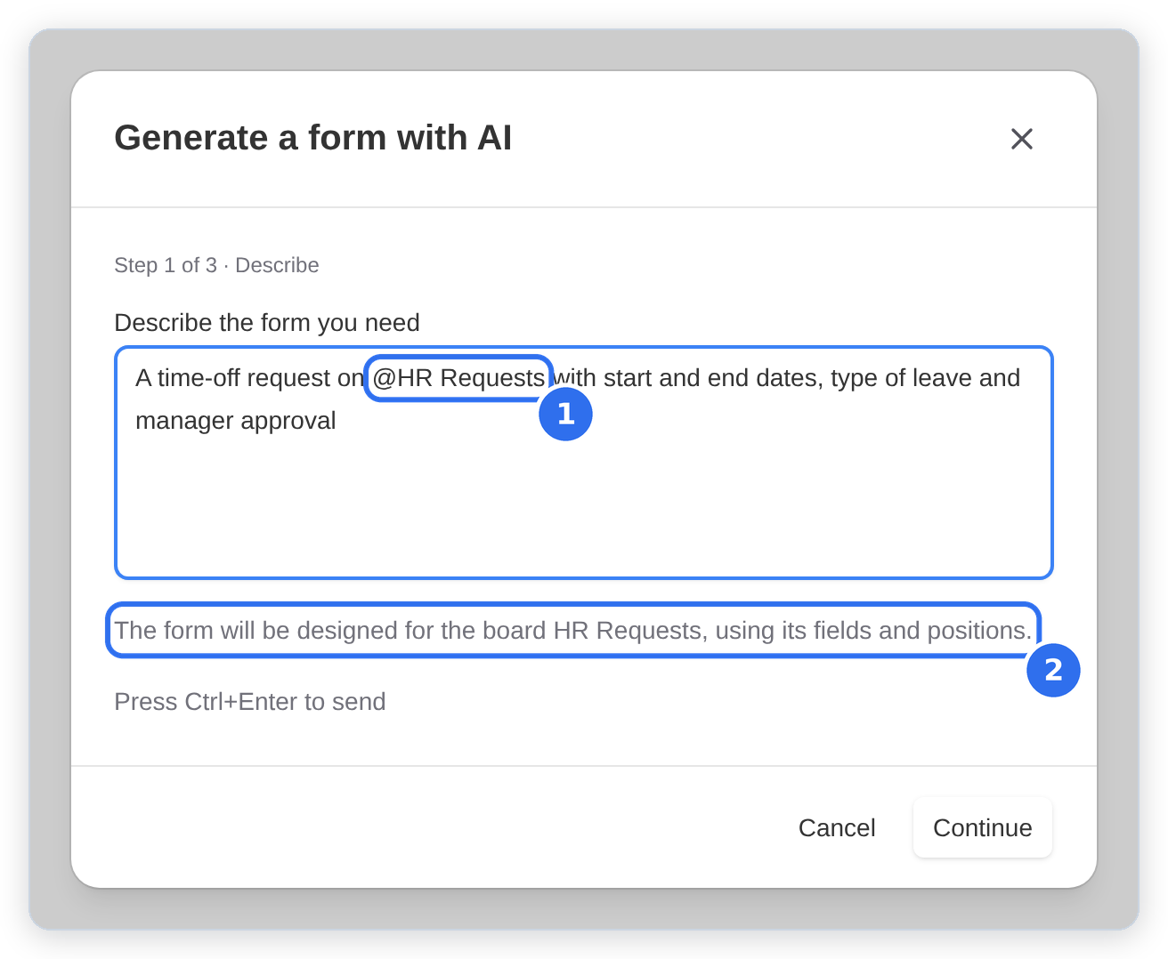 The Generate a form with AI dialog with a board mentioned in the prompt.