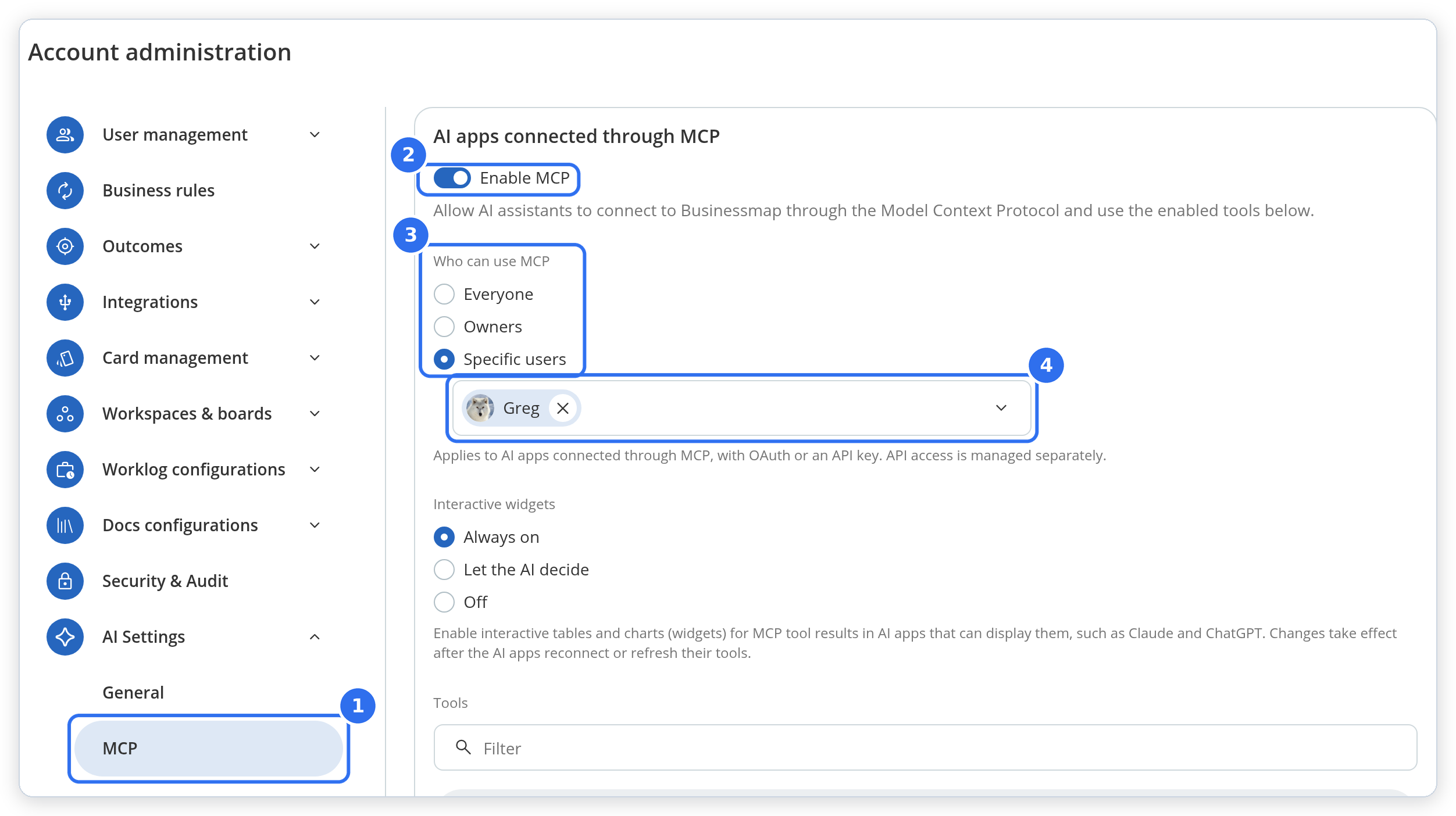 Administration › AI Settings › MCP, where you choose who can connect AI assistants to Businessmap through MCP.