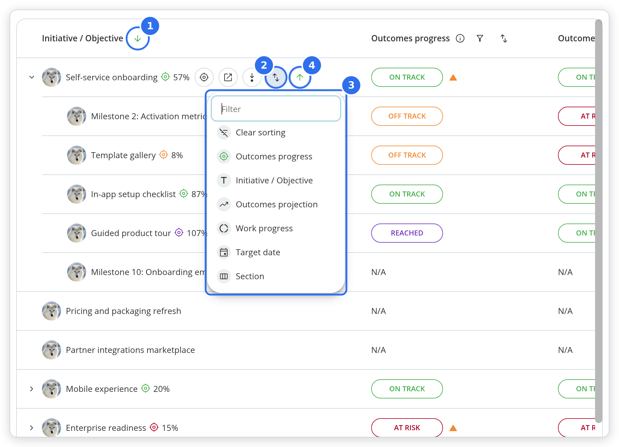 The Initiatives and Outcomes widget sorted by Initiative / Objective, with the child initiatives of one initiative sorted by Outcomes progress.