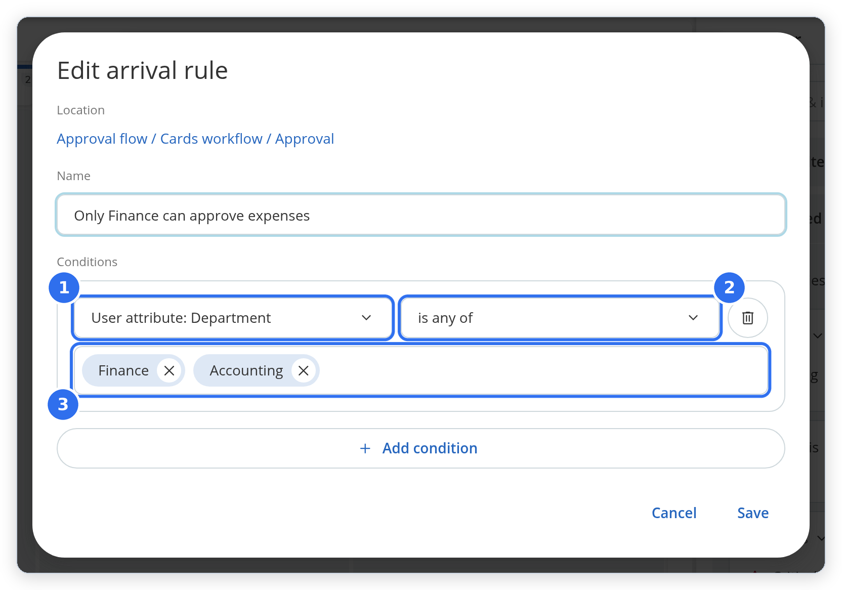 An arrival rule on the Approval column that lets only users from the Finance or Accounting department move cards in.