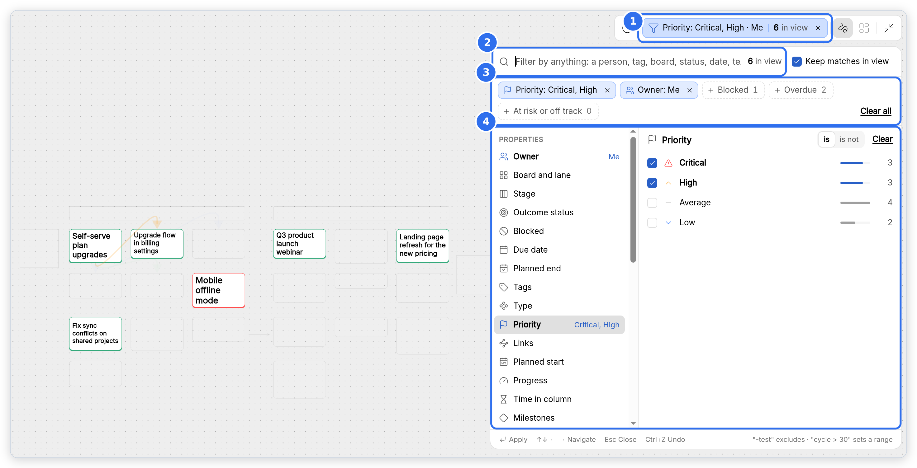 The filter panel on a whiteboard in Canvas mode: your cards with Critical or High priority stay bright, and everything else fades into the background.
