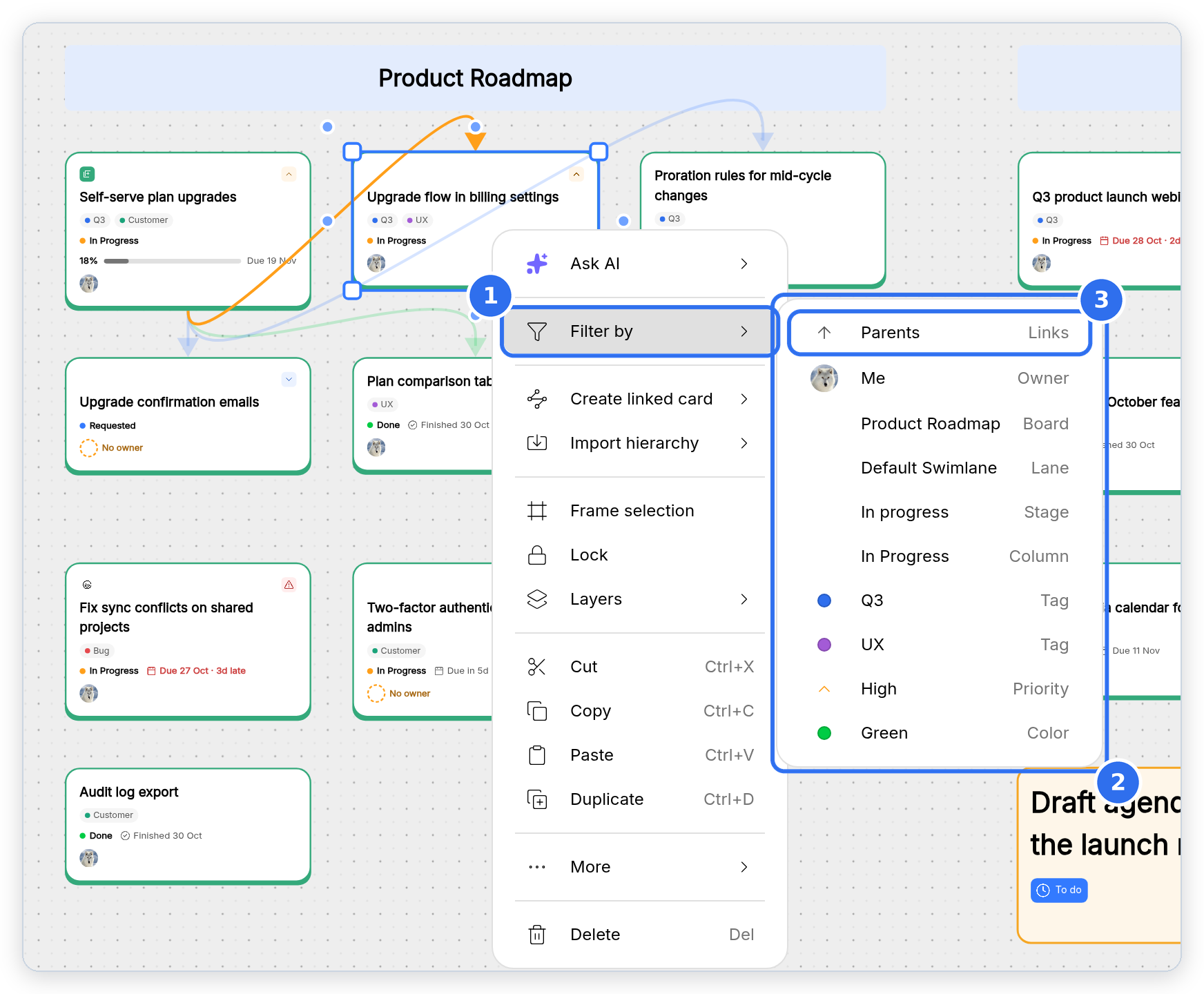 Right-click any card on the whiteboard and choose Filter by to filter by one of its values in a single click.