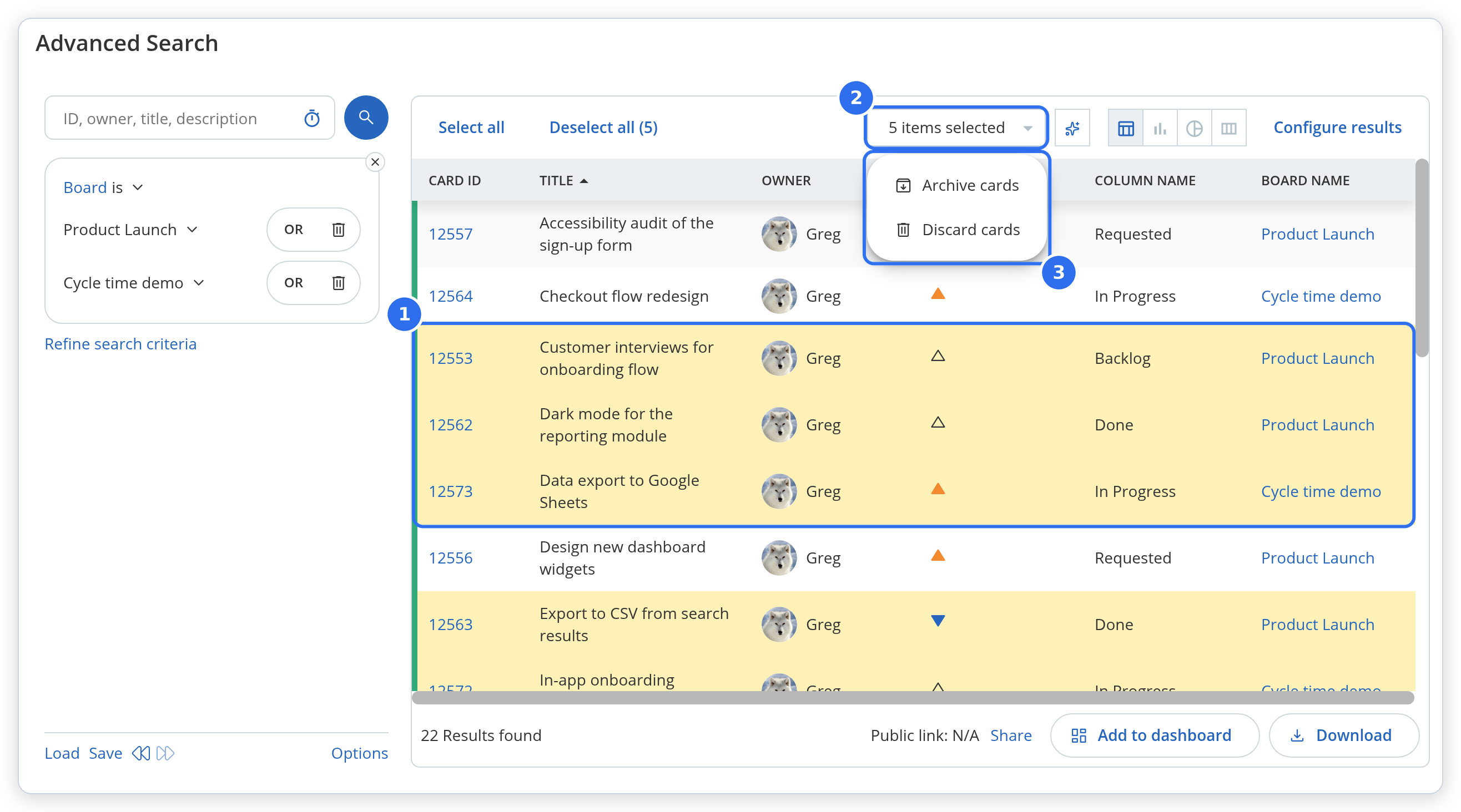 Advanced search in the table view, with cards from two boards selected and the bulk actions menu open.