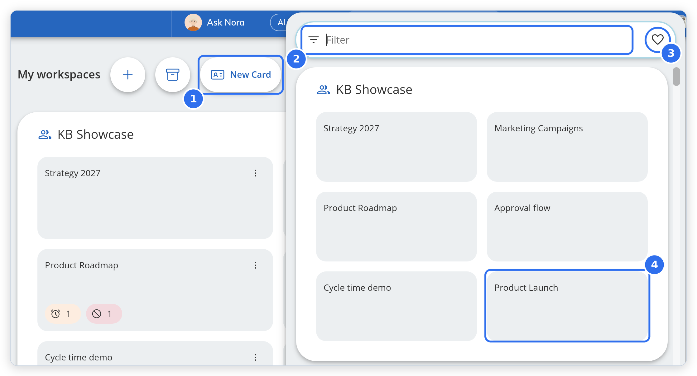 The My workspaces dashboard with the board selector opened from the new New Card button.