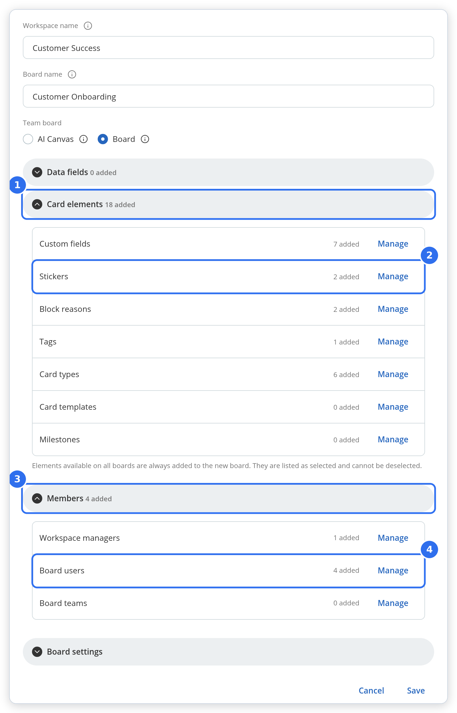 The Team Workspace creation dialog with the Card elements and Members sections expanded, ready to create a fully configured board.