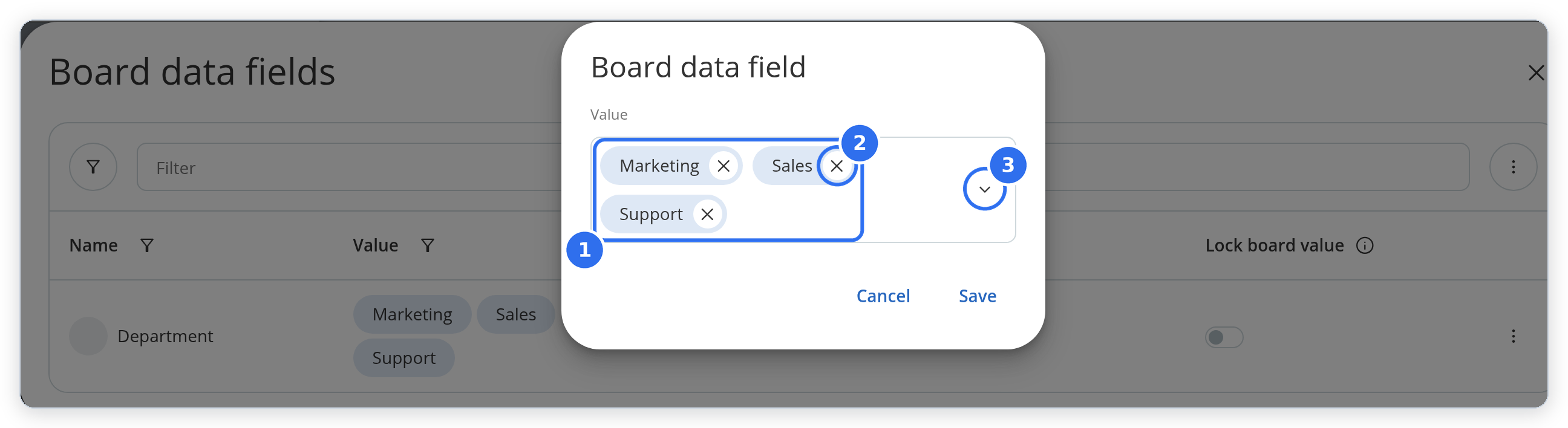 The Board data field window for a board's Department data field, holding three values at once.