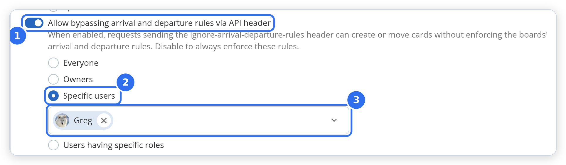 The Allow bypassing arrival and departure rules via API header setting in Administration › Security & Audit, limited to specific users.