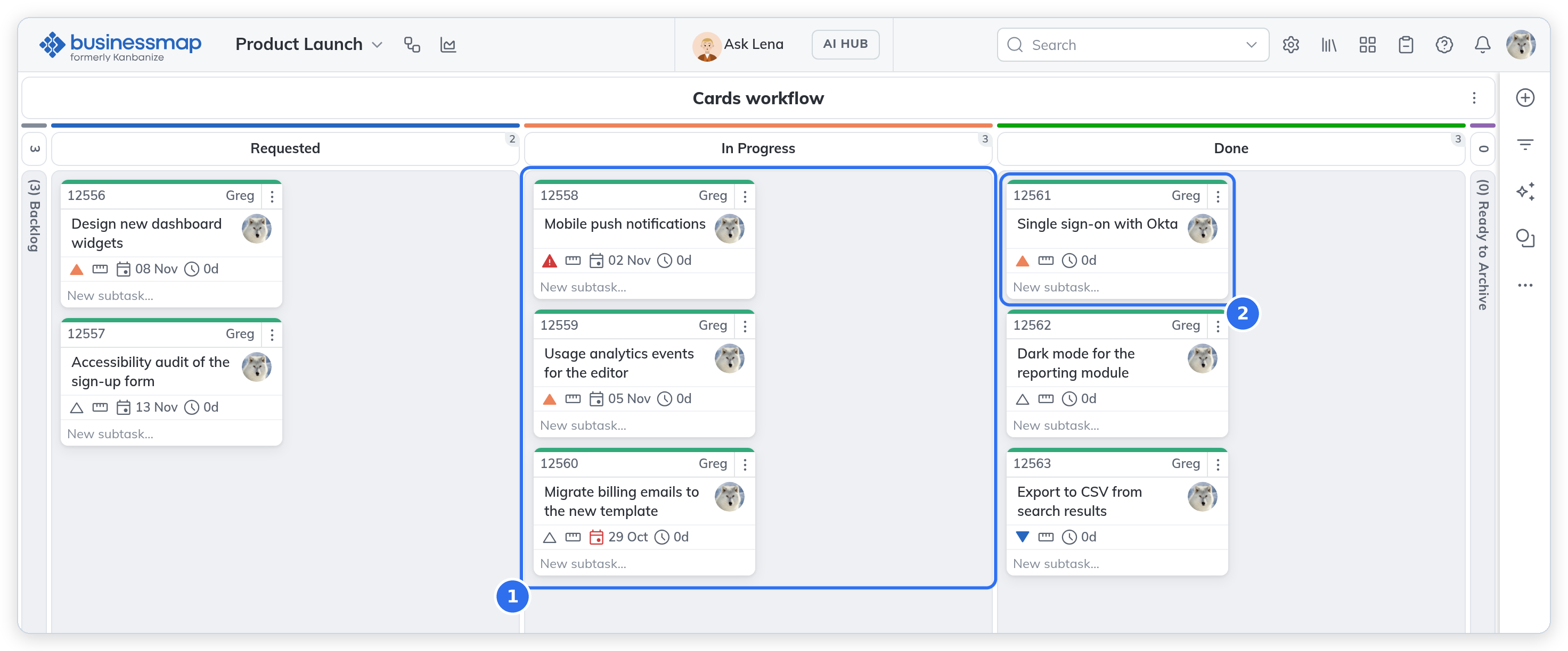 A board in the Flow skin, with the light theme.