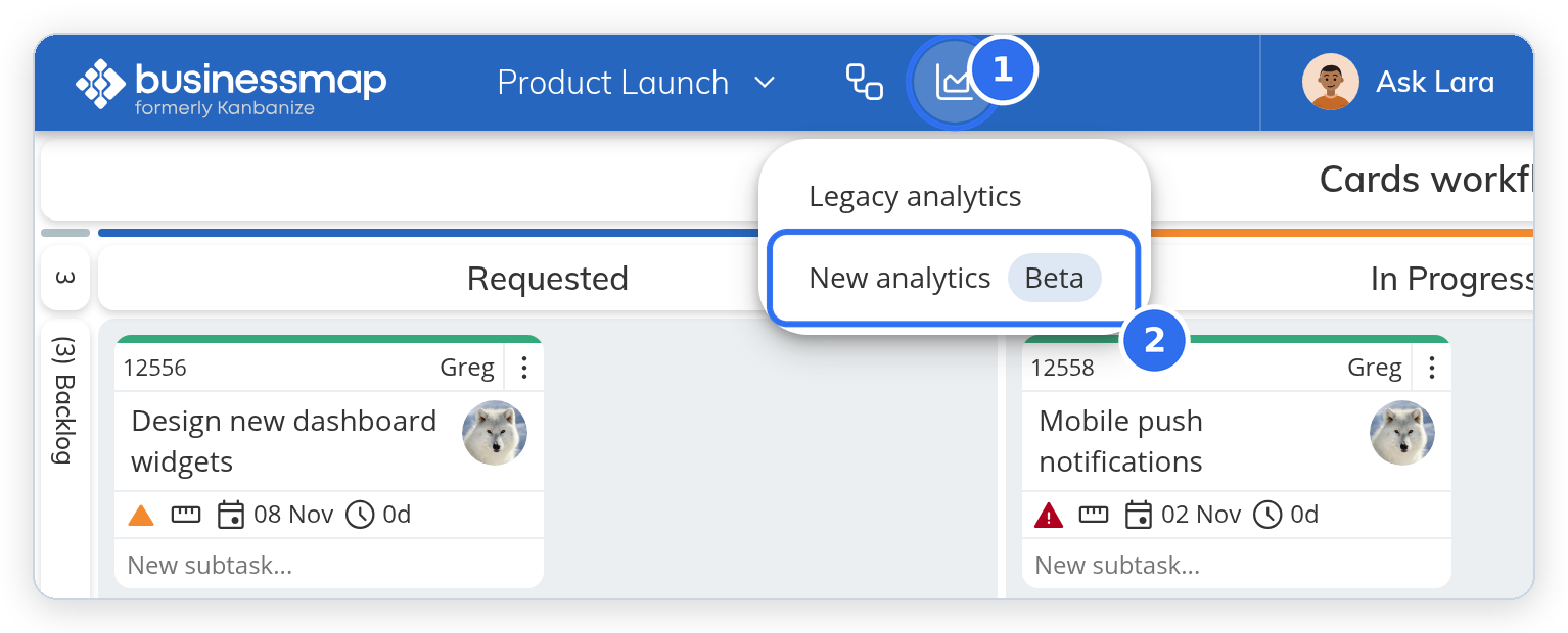 The Show Analytics menu on a board, where you choose between the classic and the new analytics.